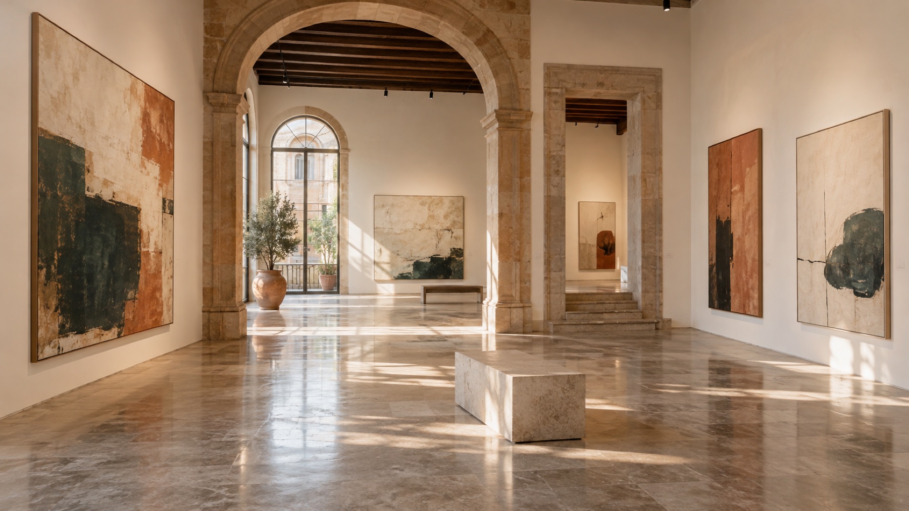 Contemporary artworks displayed in a sunlit gallery inside a restored Barcelona building