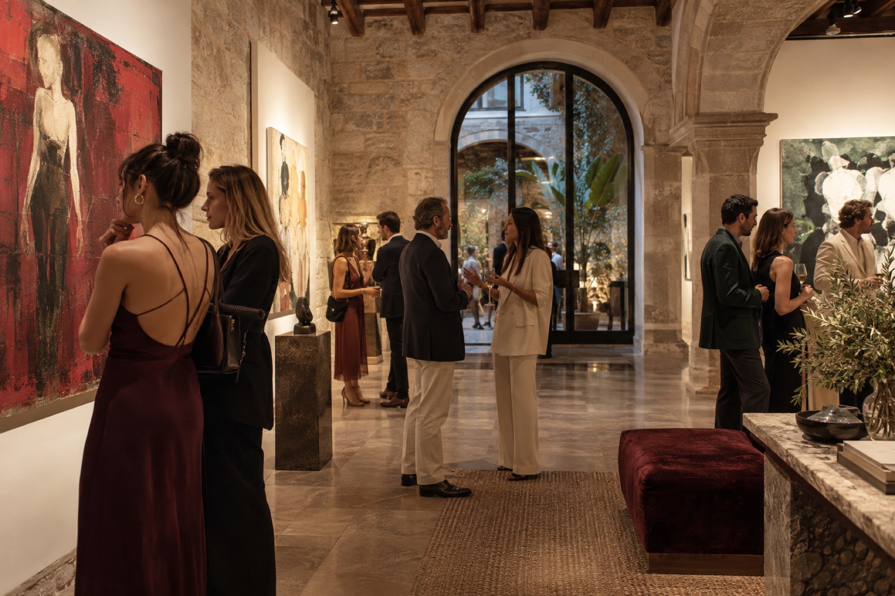 Guests viewing contemporary works during an intimate gallery opening in Barcelona