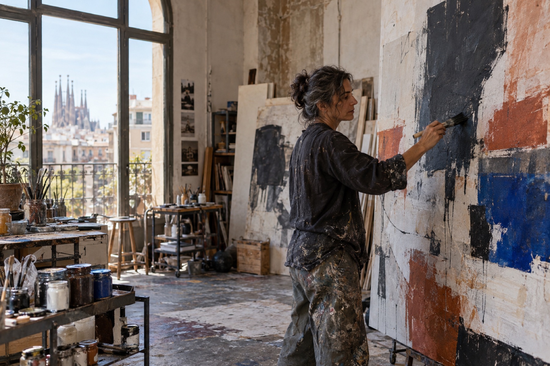 Contemporary artist painting a large abstract work inside a working Barcelona studio