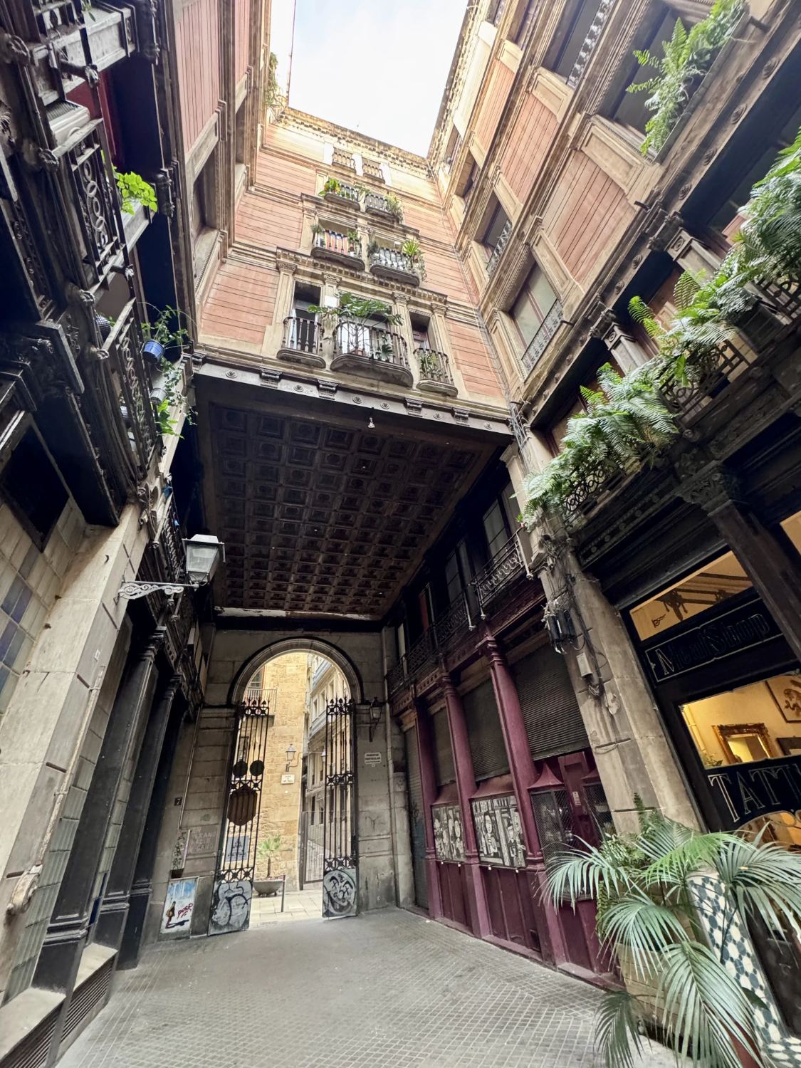 Historic covered passage with balconies and greenery in Barcelona's Gothic Quarter